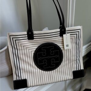 New Tory Burch Ella Printed Tote, Box Stripe Black | NWT